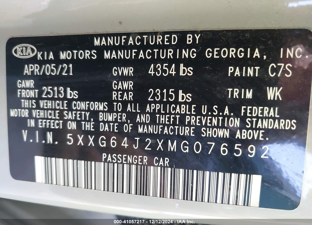 2021 KIA K5 GT LINE VIN: 5XXG64J2XMG076592