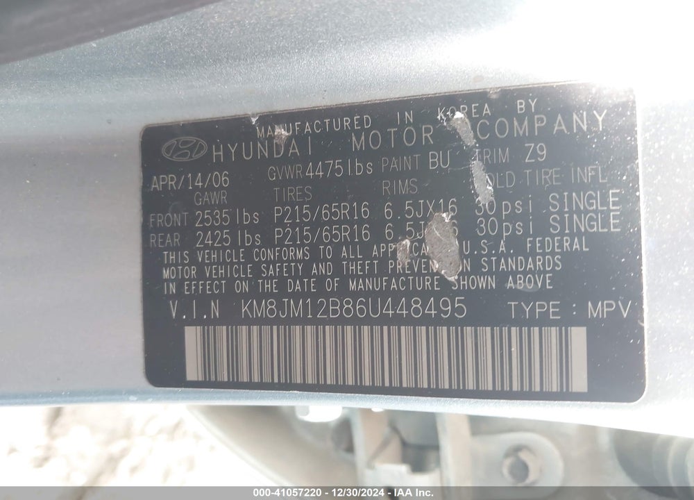 2006 HYUNDAI TUCSON GL VIN: KM8JM12B86U448495