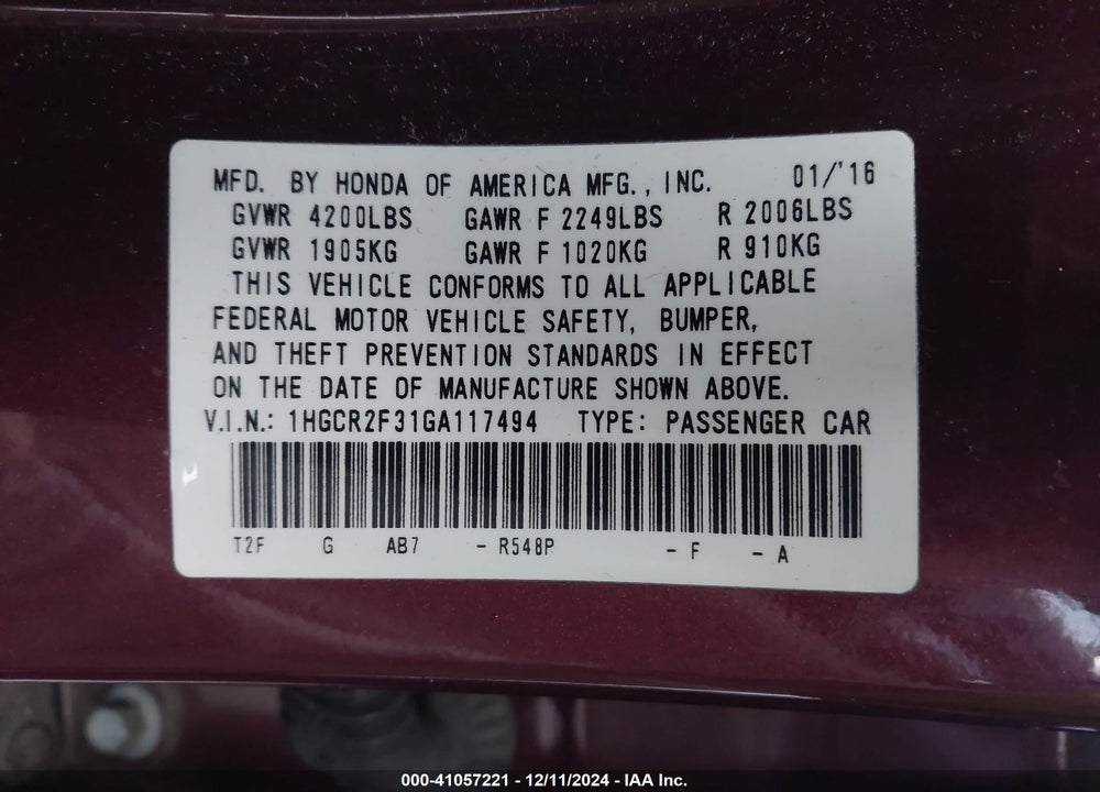 2016 HONDA ACCORD VIN: 1HGCR2F31GA117494