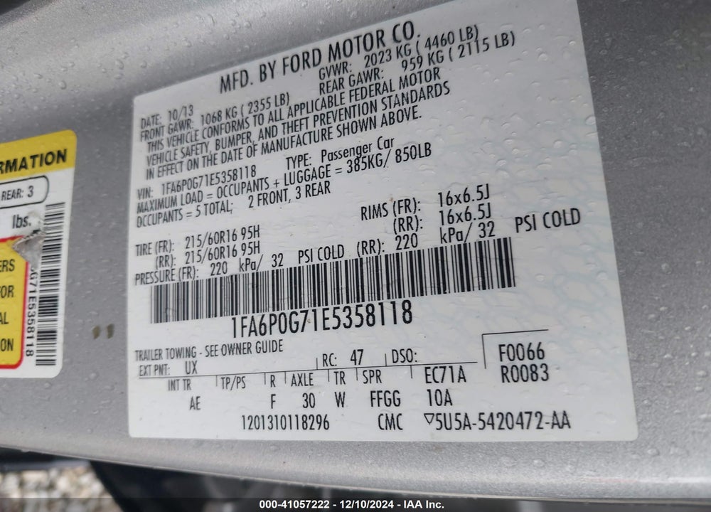 2014 FORD FUSION S VIN: 1FA6P0G71E5358118