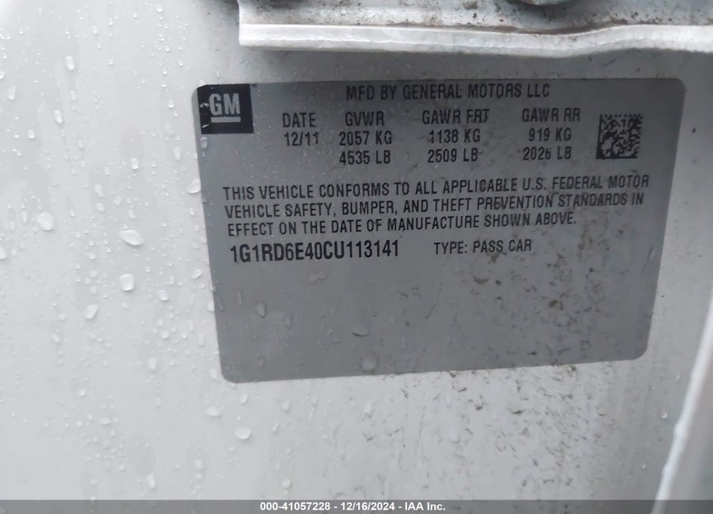 2012 CHEVROLET VOLT VIN: 1G1RD6E40CU113141