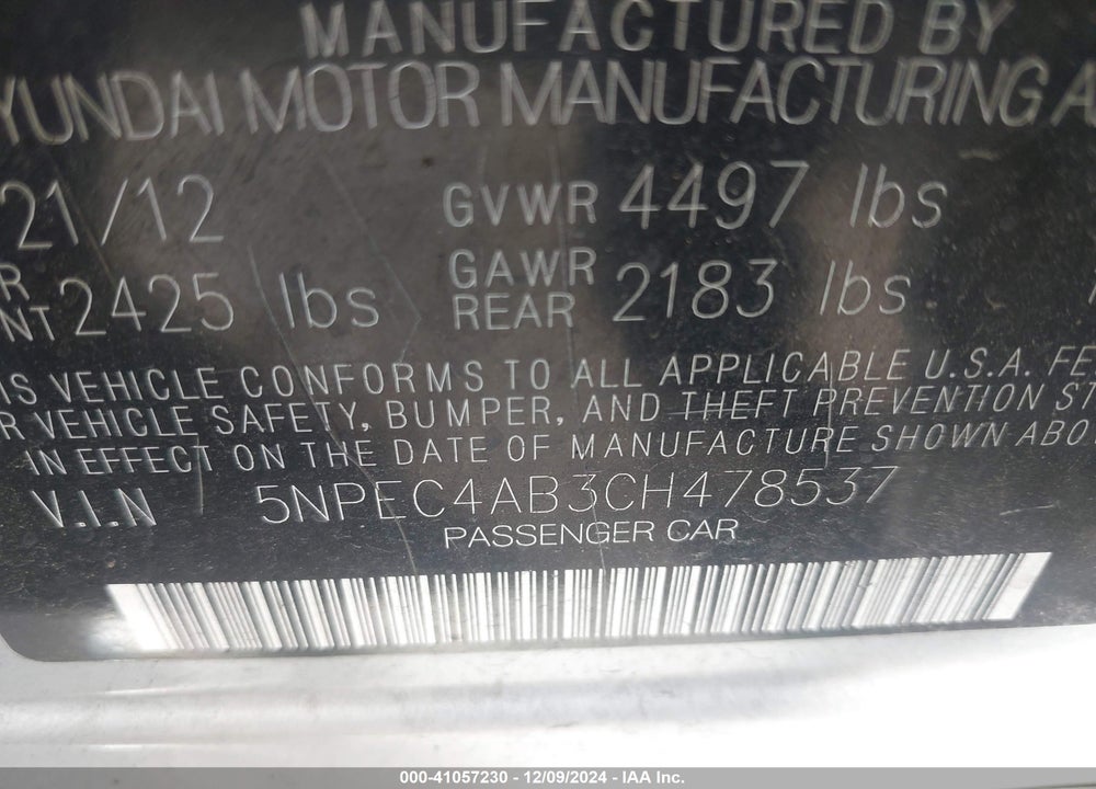 2012 HYUNDAI SONATA SE 2.0T VIN: 5NPEC4AB3CH478537