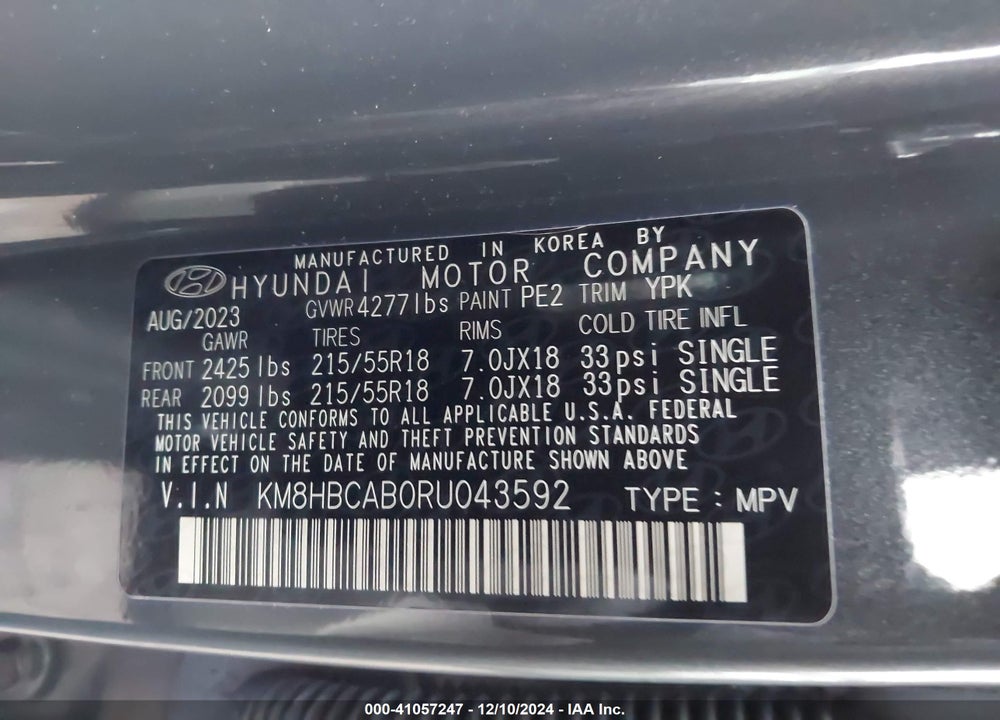 2024 HYUNDAI KONA SEL VIN: KM8HBCAB0RU043592