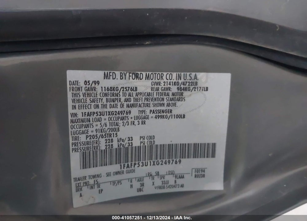 1999 FORD TAURUS SE/SE-NE VIN: 1FAFP53U1XG249769
