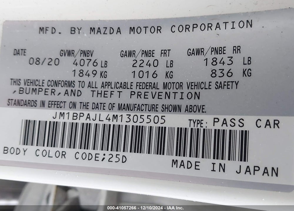 2021 MAZDA 3 VIN: JM1BPAJL4M1305505
