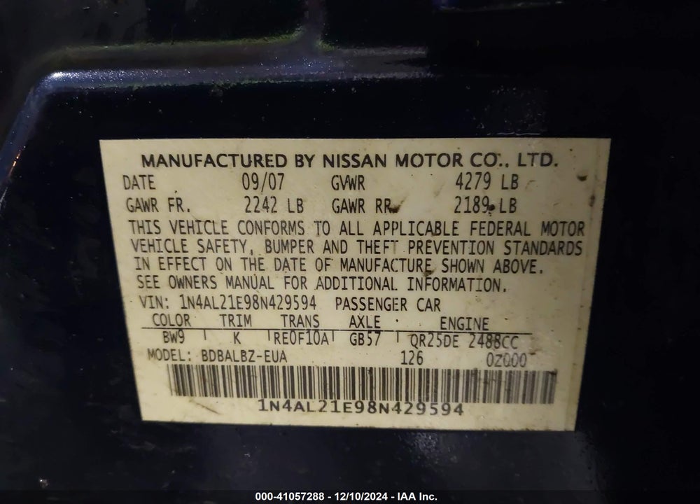 2008 NISSAN ALTIMA 2.5 S VIN: 1N4AL21E98N429594