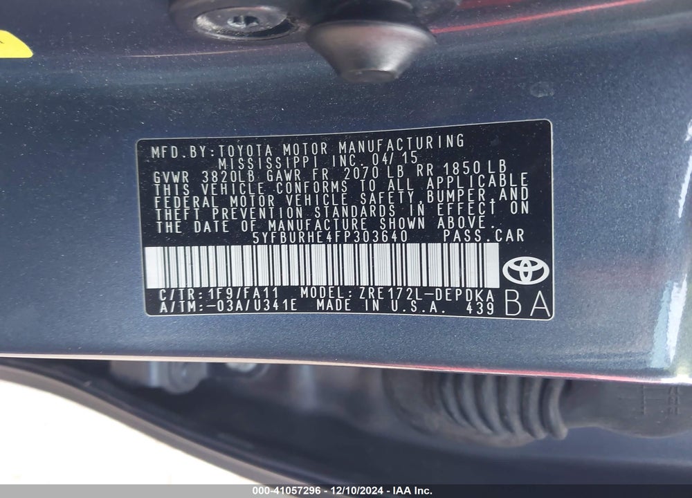 2015 TOYOTA COROLLA L VIN: 5YFBURHE4FP303640