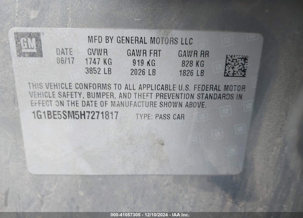 2017 CHEVROLET CRUZE LT AUTO VIN: 1G1BE5SM5H7271817