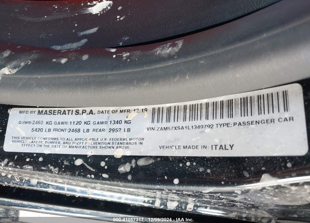 2020 MASERATI GHIBLI VIN: ZAM57XSA1L1349792