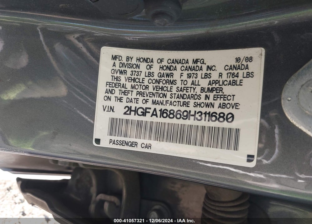 2009 HONDA CIVIC EX VIN: 2HGFA16869H311680
