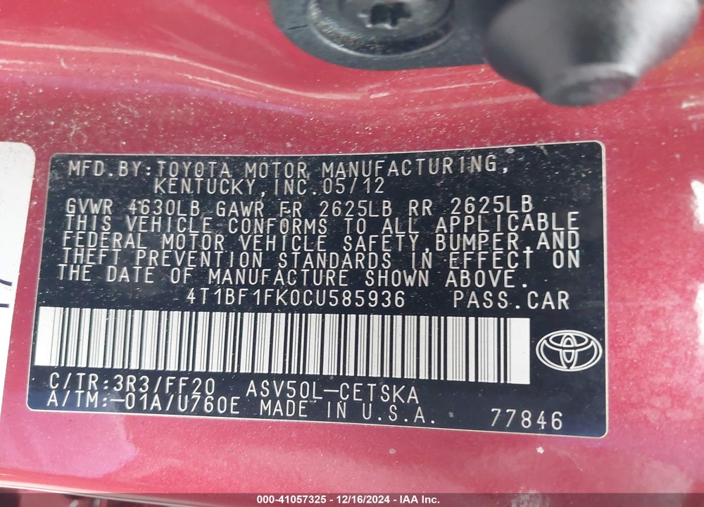 2012 TOYOTA CAMRY SE VIN: 4T1BF1FK0CU585936
