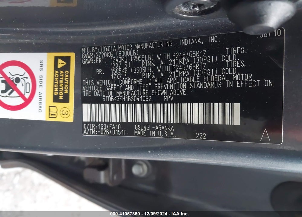 2011 TOYOTA HIGHLANDER SE VIN: 5TDBK3EH1BS041062