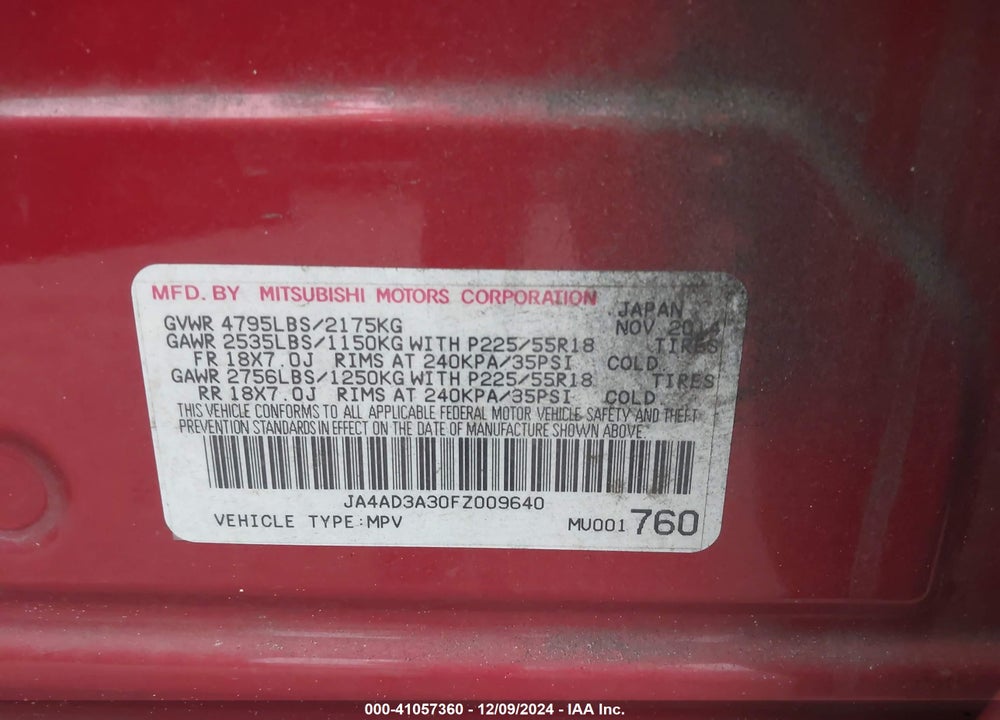 2015 MITSUBISHI OUTLANDER SE VIN: JA4AD3A30FZ009640