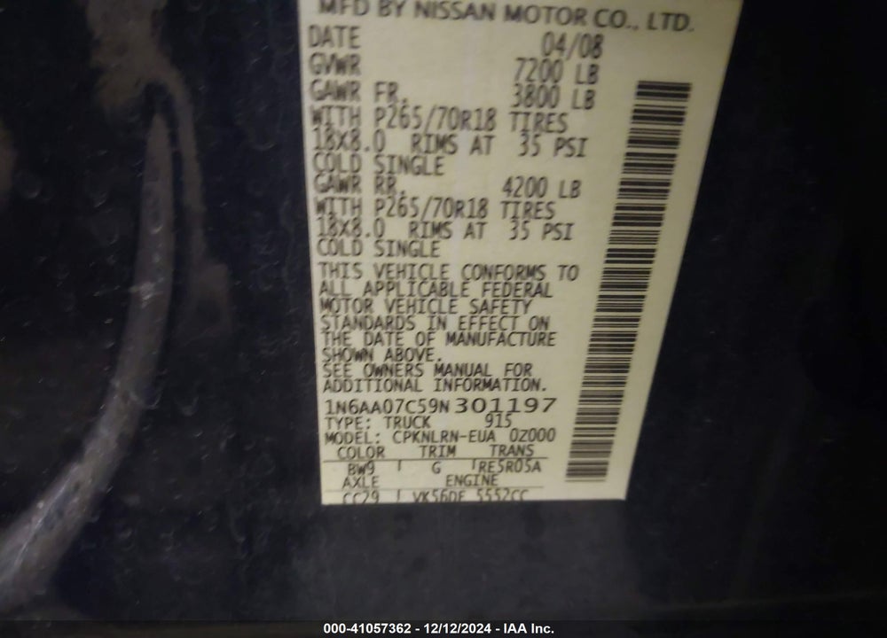 2009 NISSAN TITAN XE VIN: 1N6AA07C59N301197