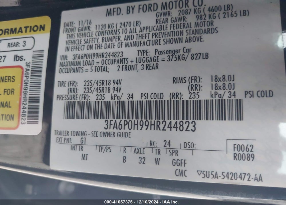 2017 FORD FUSION SE VIN: 3FA6P0H99HR244823