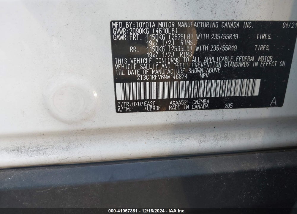 2021 TOYOTA RAV4 XLE PREMIUM VIN: 2T3C1RFV6MW146874