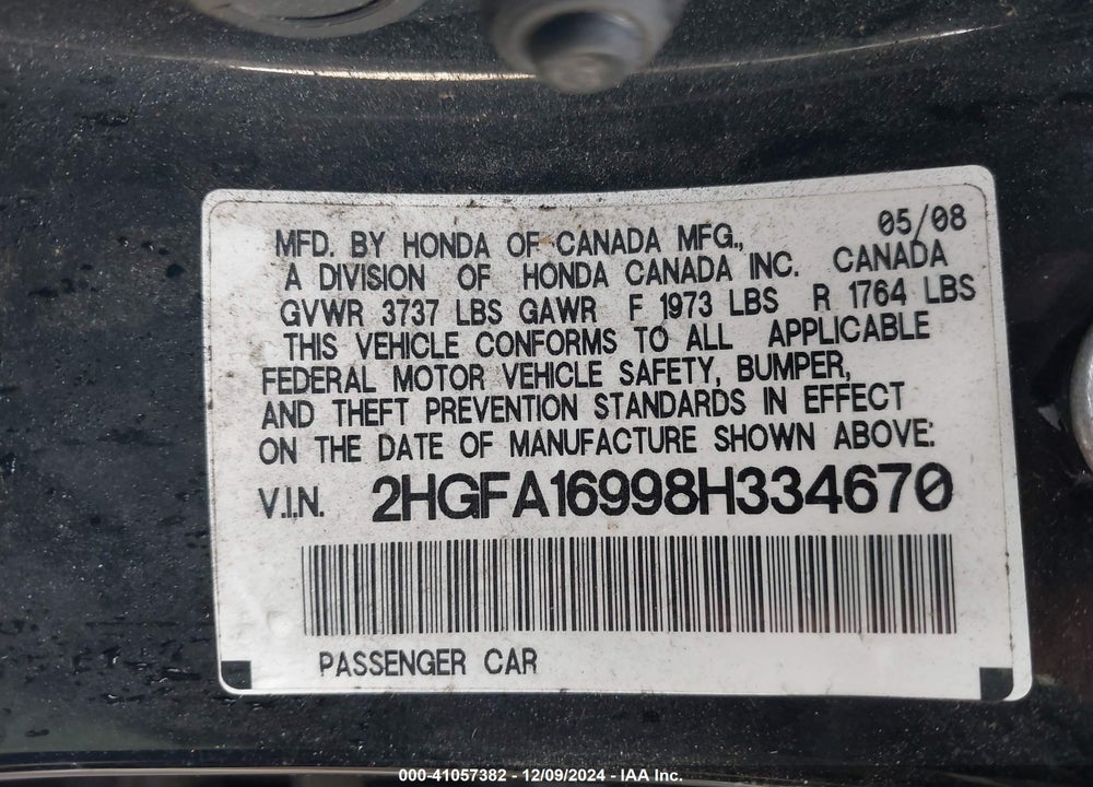2008 HONDA CIVIC EX-L VIN: 2HGFA16998H334670