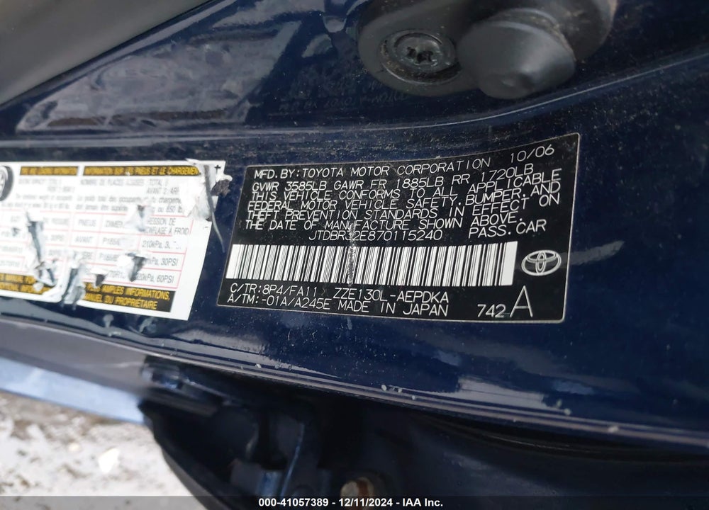 2007 TOYOTA COROLLA CE VIN: JTDBR32E870115240