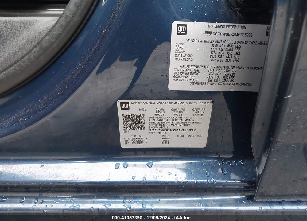 2021 CHEVROLET SILVERADO 1500 VIN: 3GCPWBEK2MG335992