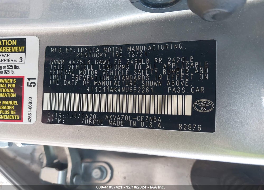 2022 TOYOTA CAMRY LE VIN: 4T1C11AK4NU652261