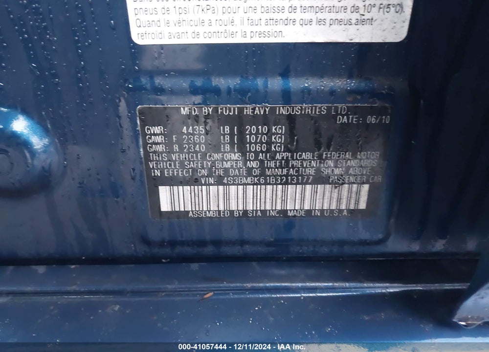 2011 SUBARU LEGACY 2.5I LIMITED VIN: 4S3BMBK61B3213177