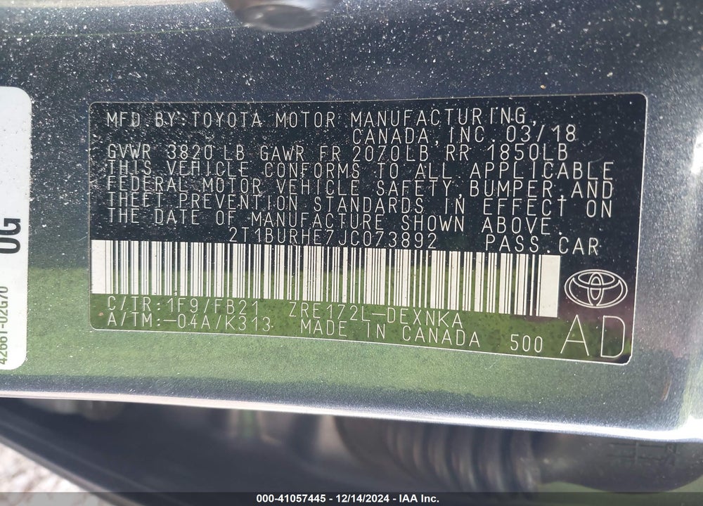 2018 TOYOTA COROLLA LE VIN: 2T1BURHE7JC073892