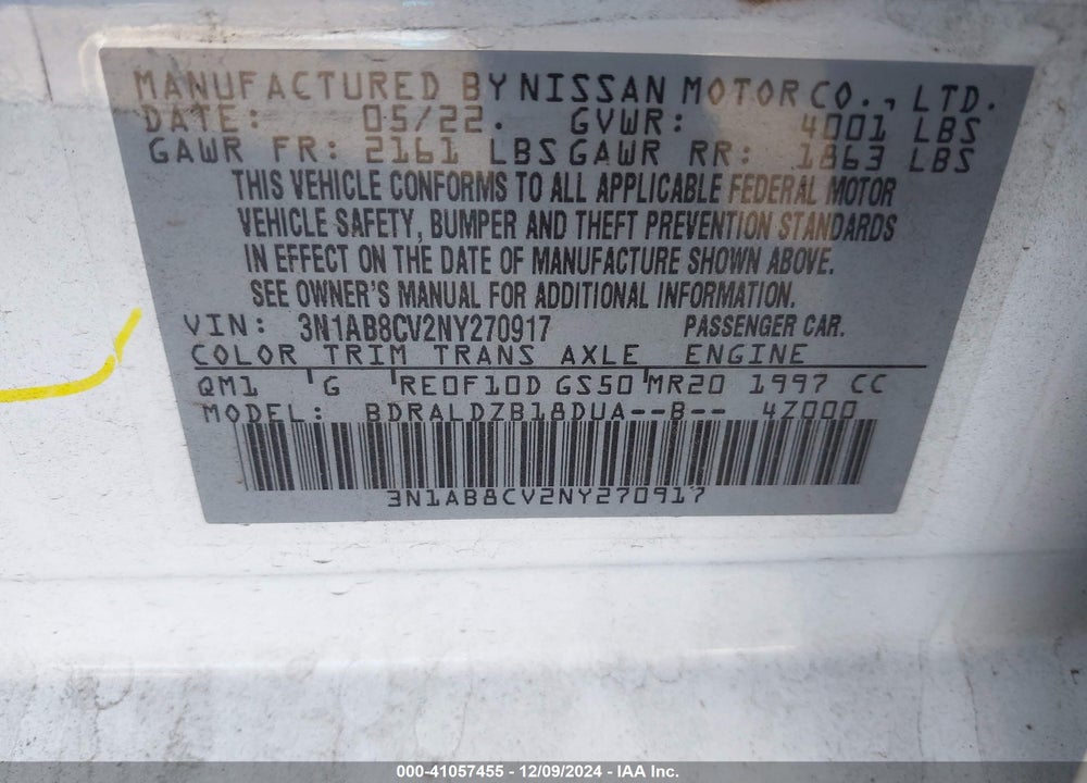 2022 NISSAN SENTRA SV XTRONIC CVT VIN: 3N1AB8CV2NY270917