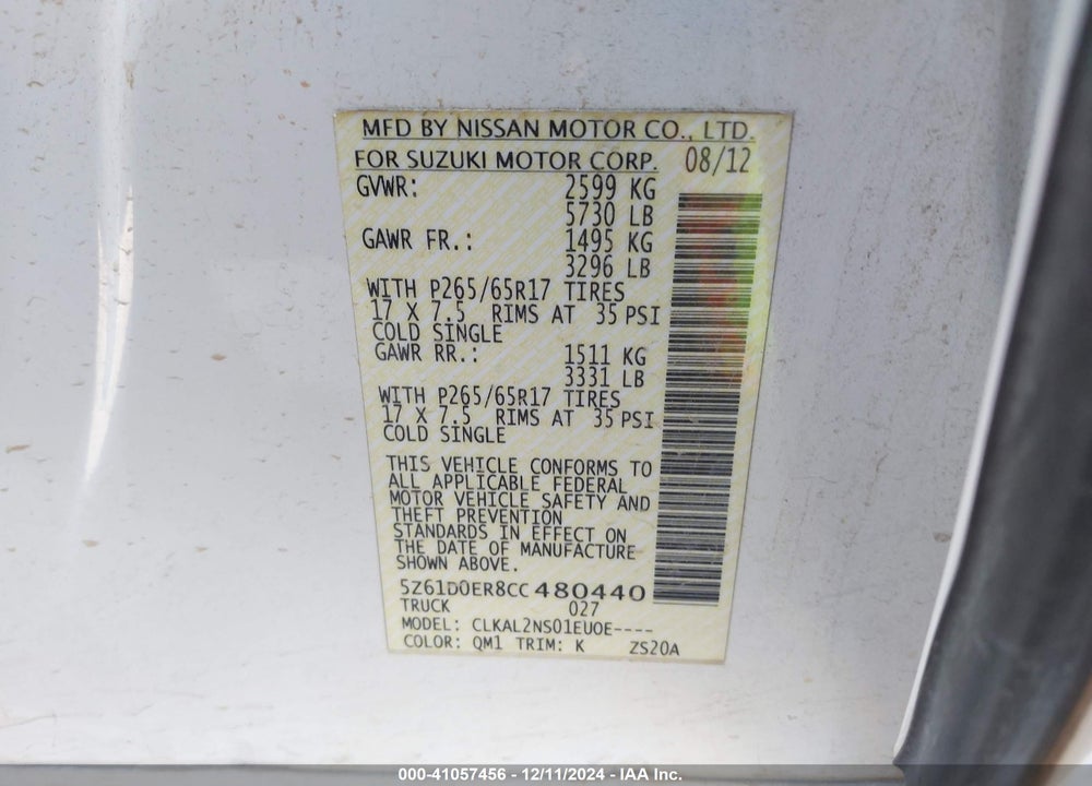 2012 SUZUKI EQUATOR SPORT VIN: 5Z61D0ER8CC480440