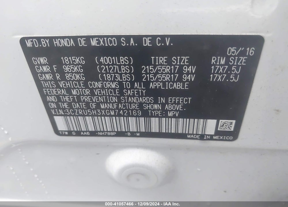 2016 HONDA HR-V LX VIN: 3CZRU5H3XGM742169