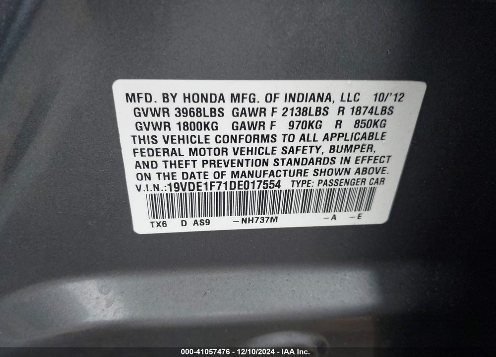 2013 ACURA ILX 2.0L VIN: 19VDE1F71DE017554