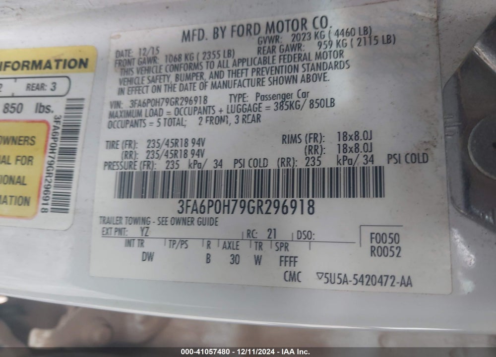 2016 FORD FUSION SE VIN: 3FA6P0H79GR296918