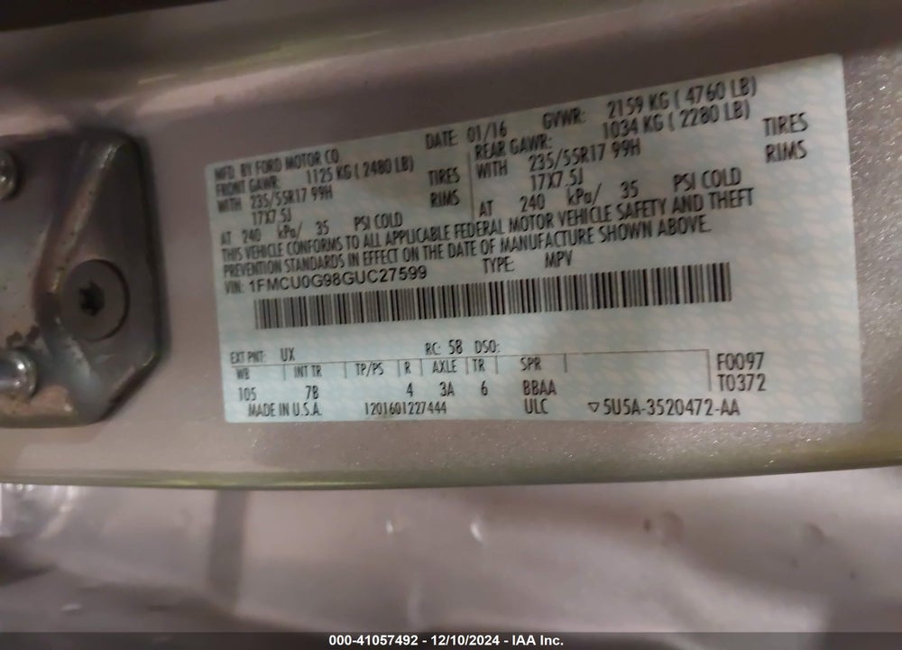 2016 FORD ESCAPE SE VIN: 1FMCU0G98GUC27599