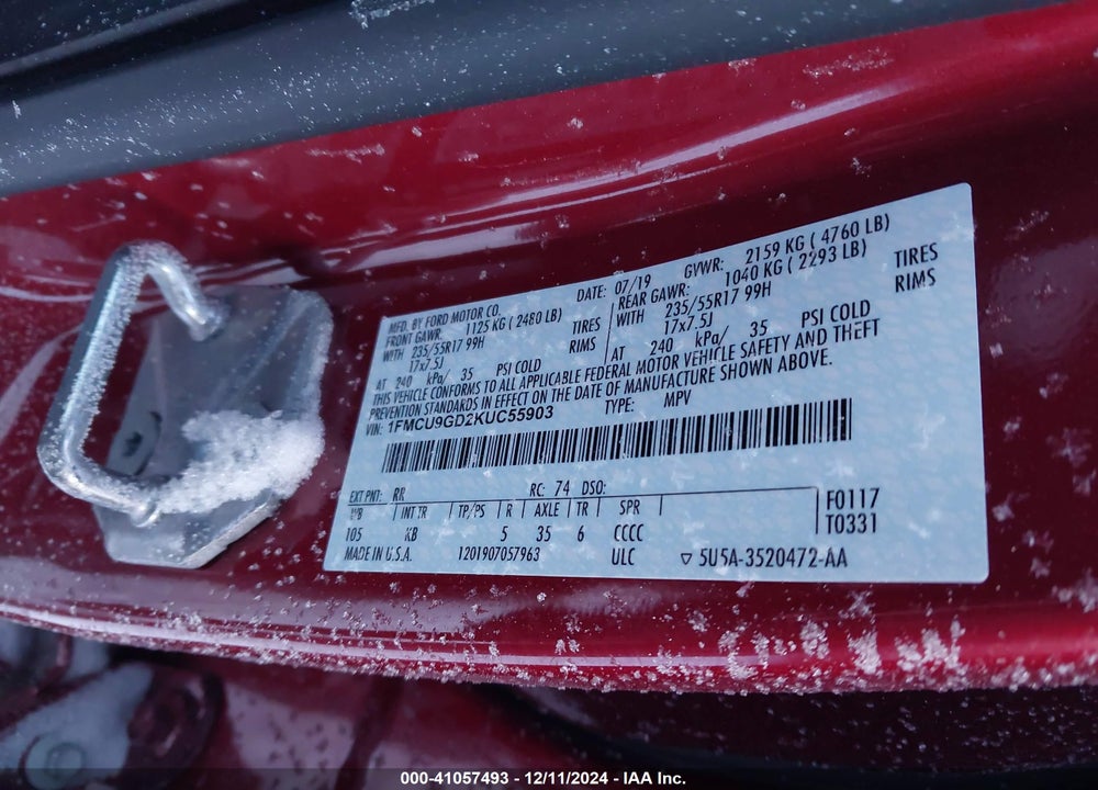 2019 FORD ESCAPE SE VIN: 1FMCU9GD2KUC55903