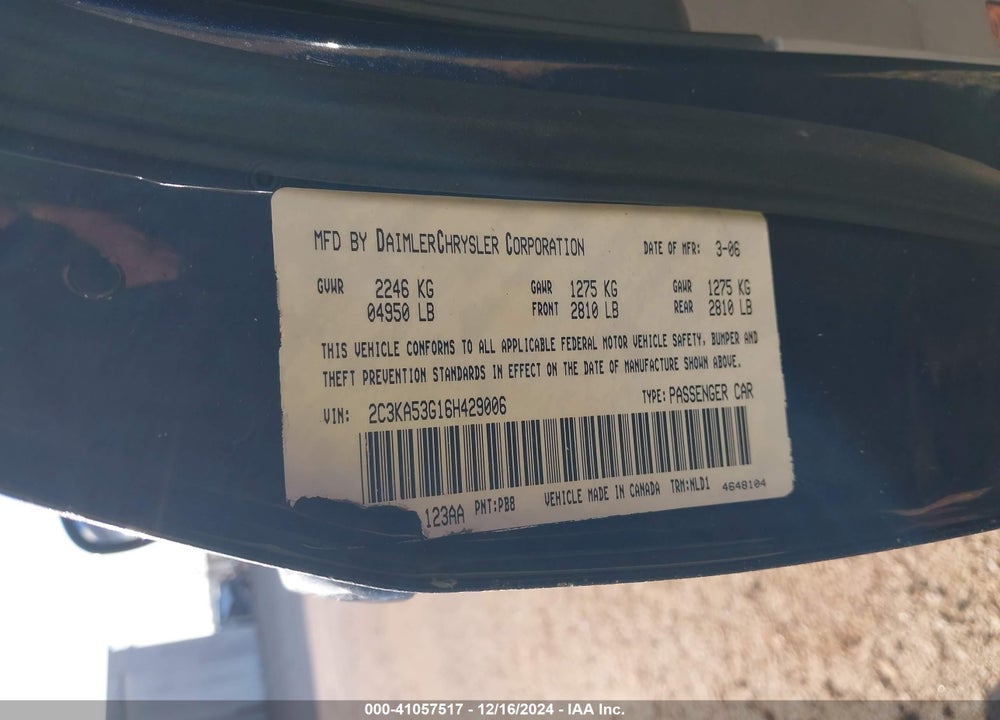 2006 CHRYSLER 300 TOURING VIN: 2C3KA53G16H429006