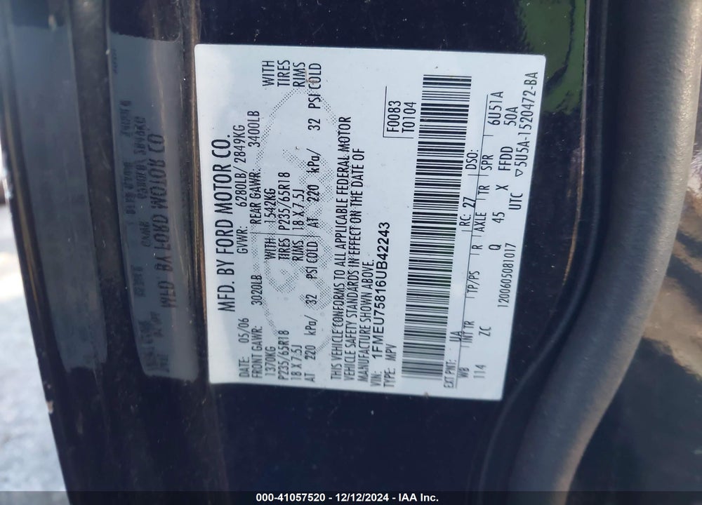 2006 FORD EXPLORER LIMITED VIN: 1FMEU75816UB42243