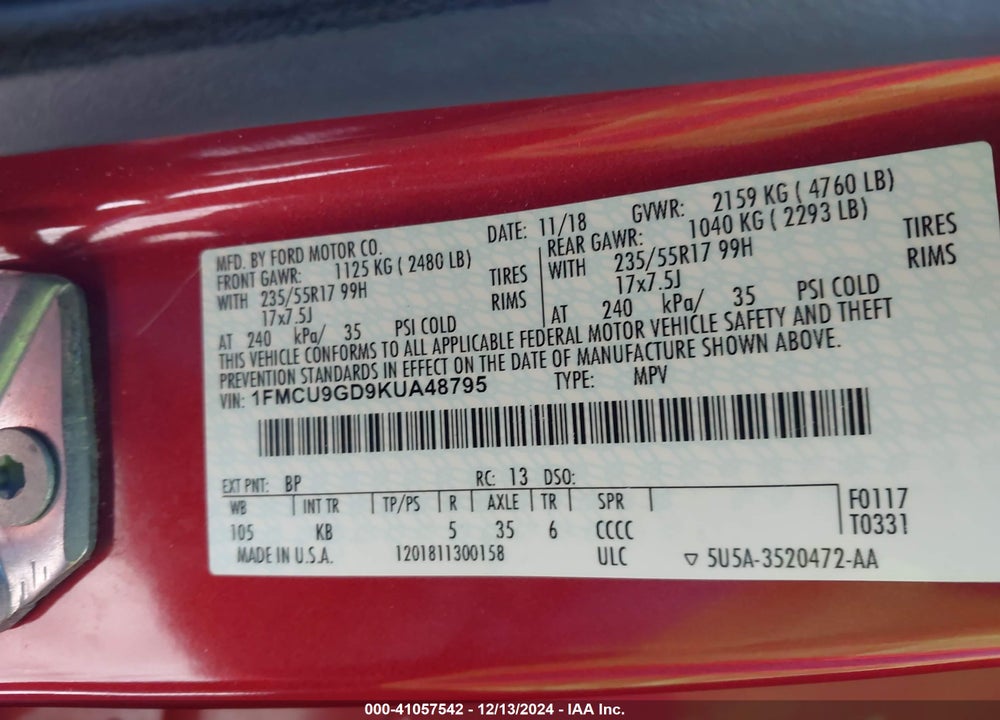 2019 FORD ESCAPE SE VIN: 1FMCU9GD9KUA48795