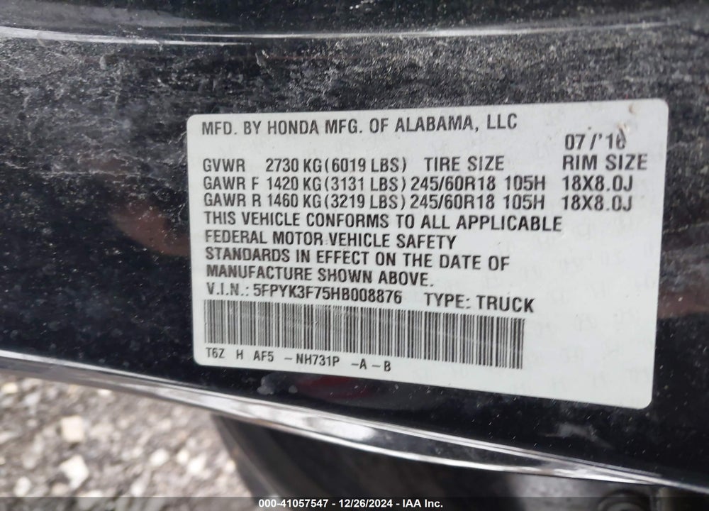 2017 HONDA RIDGELINE VIN: 5FPYK3F75HB008876
