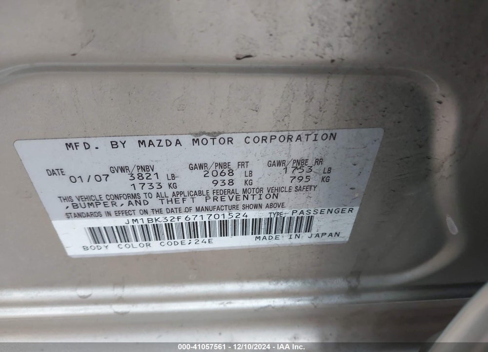 2007 MAZDA 3 I VIN: JM1BK32F671701524