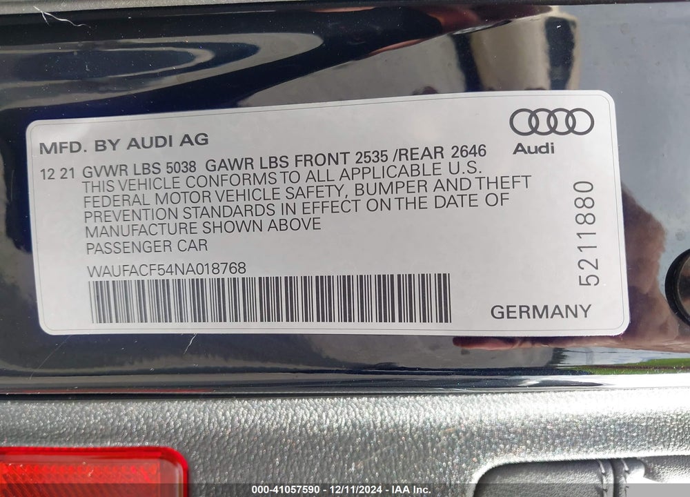 2022 AUDI A5 SPORTBACK PREMIUM PLUS 45 TFSI S LINE QUATTRO S TRONIC VIN: WAUFACF54NA018768