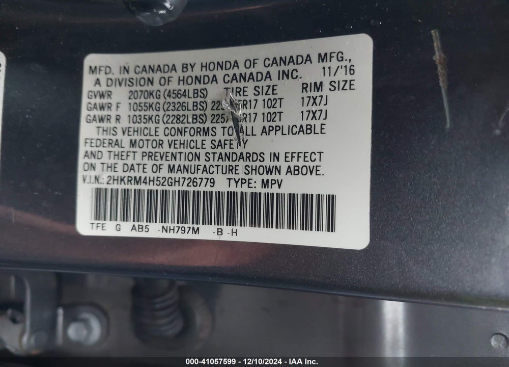 2016 HONDA CR-V EX VIN: 2HKRM4H52GH726779
