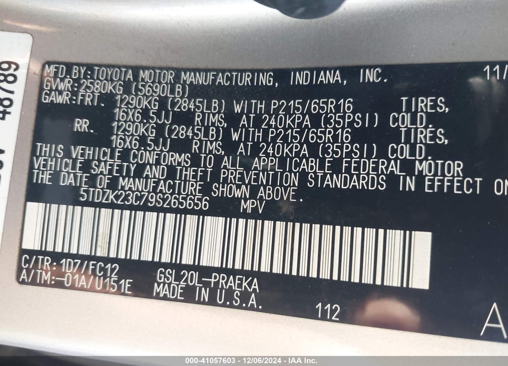 2009 TOYOTA SIENNA LE VIN: 5TDZK23C79S265656