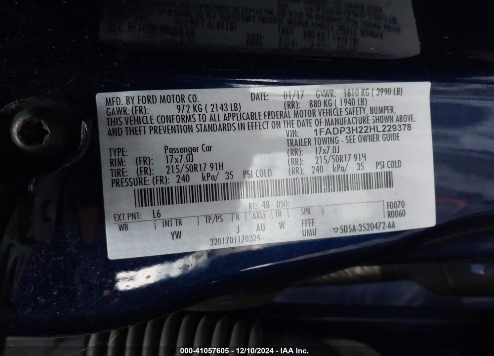 2017 FORD FOCUS SEL VIN: 1FADP3H22HL229378