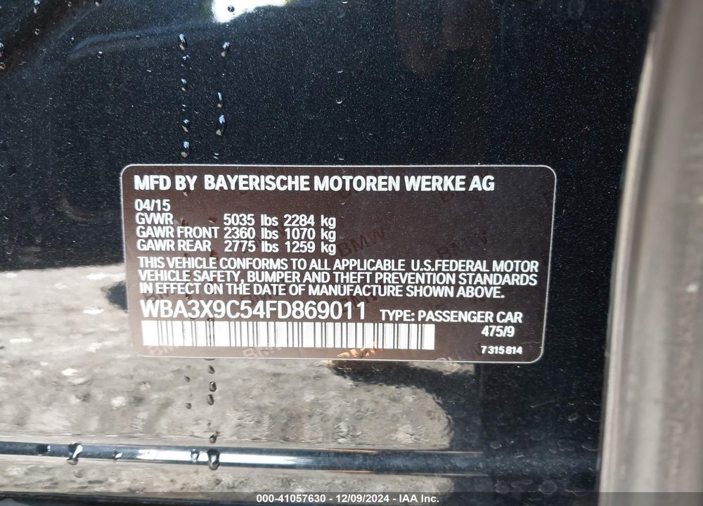 2015 BMW 335I GRAN TURISMO XDRIVE VIN: WBA3X9C54FD869011
