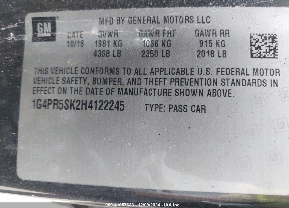 2017 BUICK VERANO SPORT TOURING VIN: 1G4PR5SK2H4122245