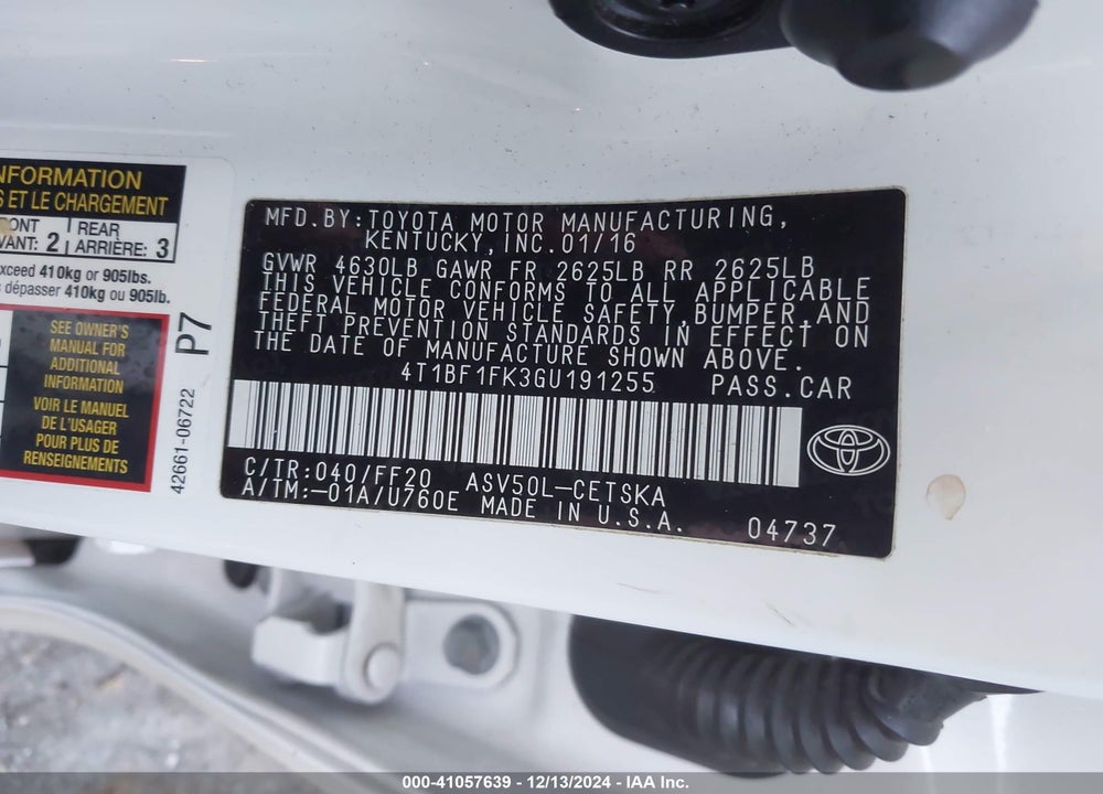 2016 TOYOTA CAMRY SE VIN: 4T1BF1FK3GU191255
