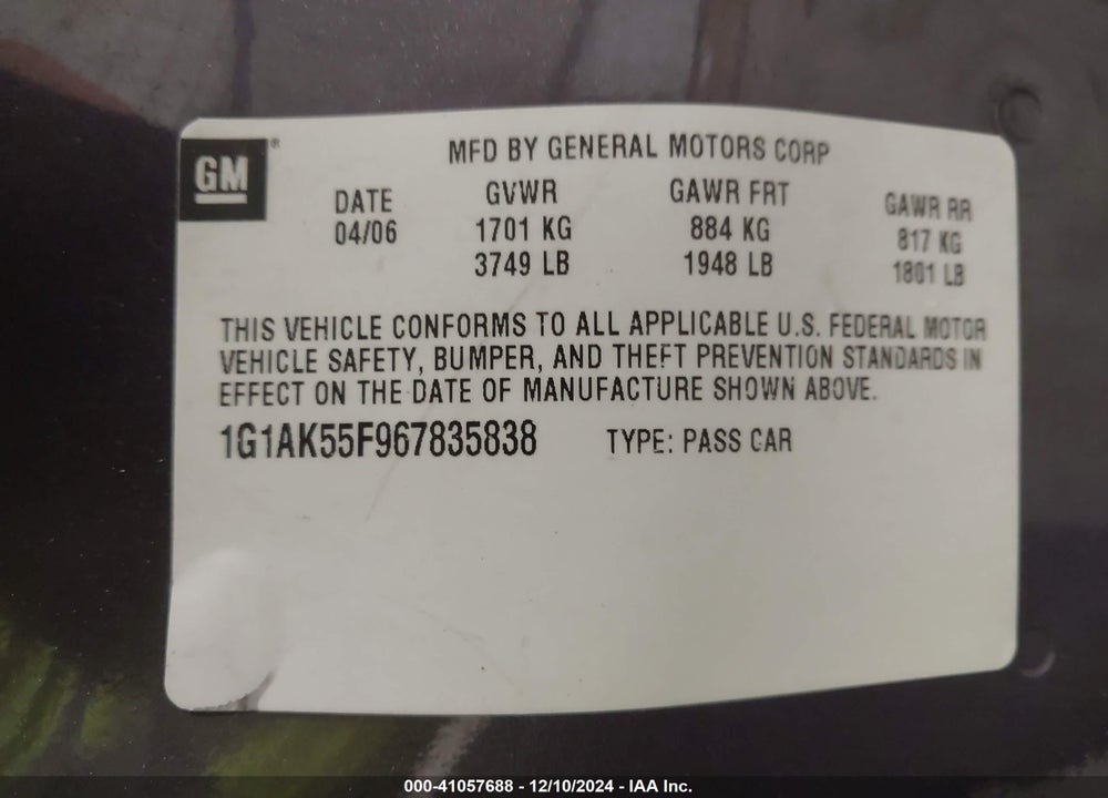 2006 CHEVROLET COBALT LS VIN: 1G1AK55F967835838
