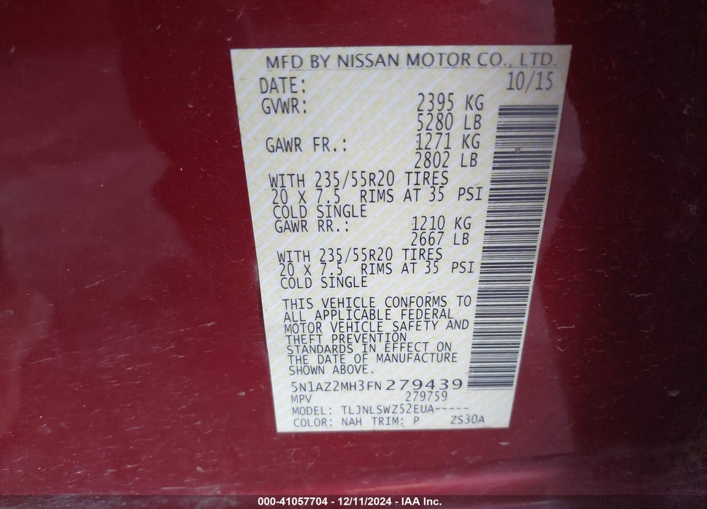 2015 NISSAN MURANO PLATINUM VIN: 5N1AZ2MH3FN279439