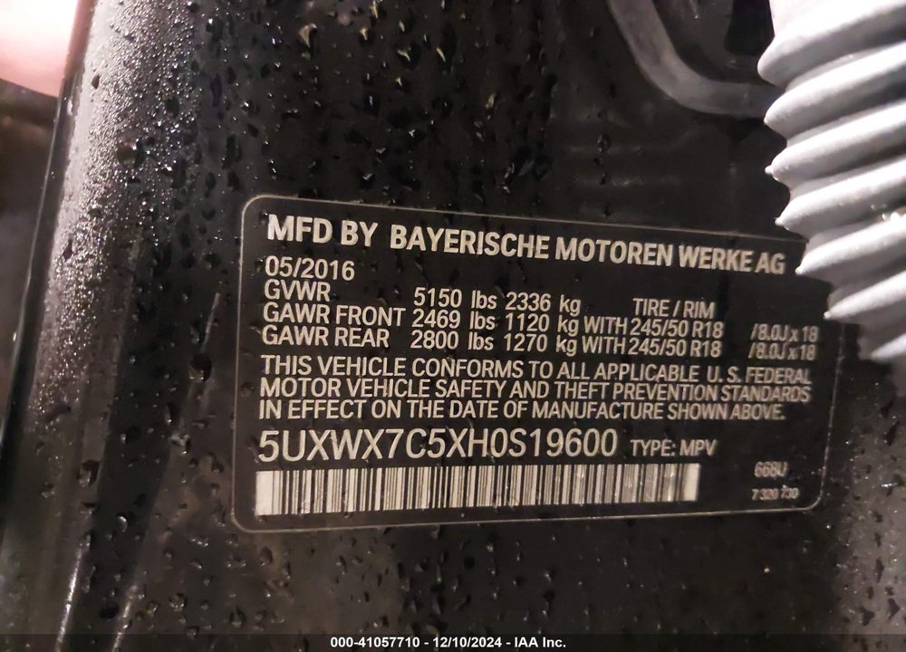 2017 BMW X3 XDRIVE35I VIN: 5UXWX7C5XH0S19600