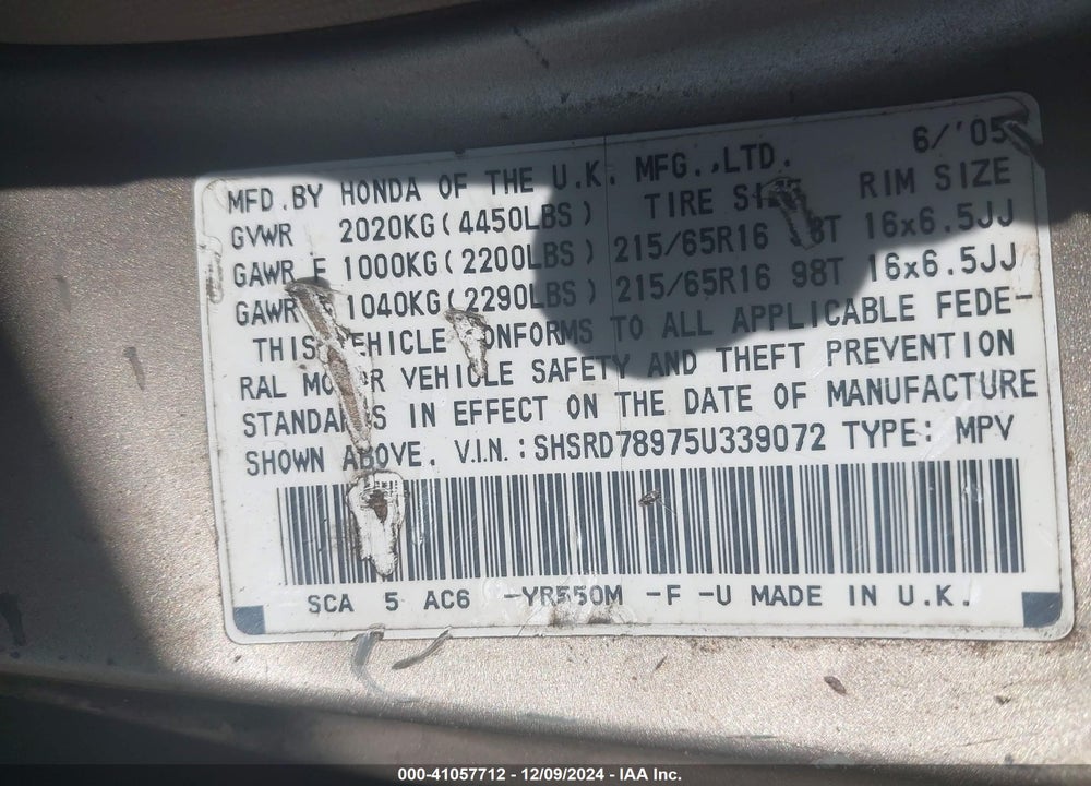 2005 HONDA CR-V SE VIN: SHSRD78975U339072