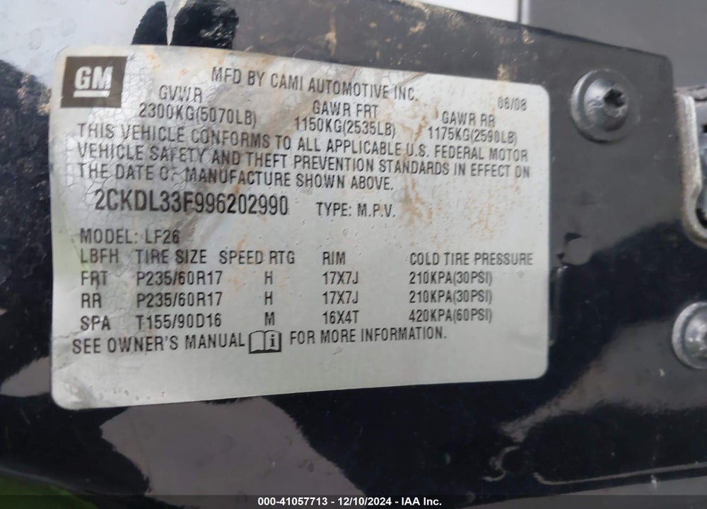 2009 PONTIAC TORRENT VIN: 2CKDL33F996202990
